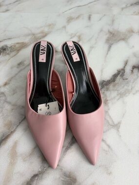 ZARA Pink Kitten Heel Mules Pointed Toe Slip-On Heels Size 41 NWT Chic 💕